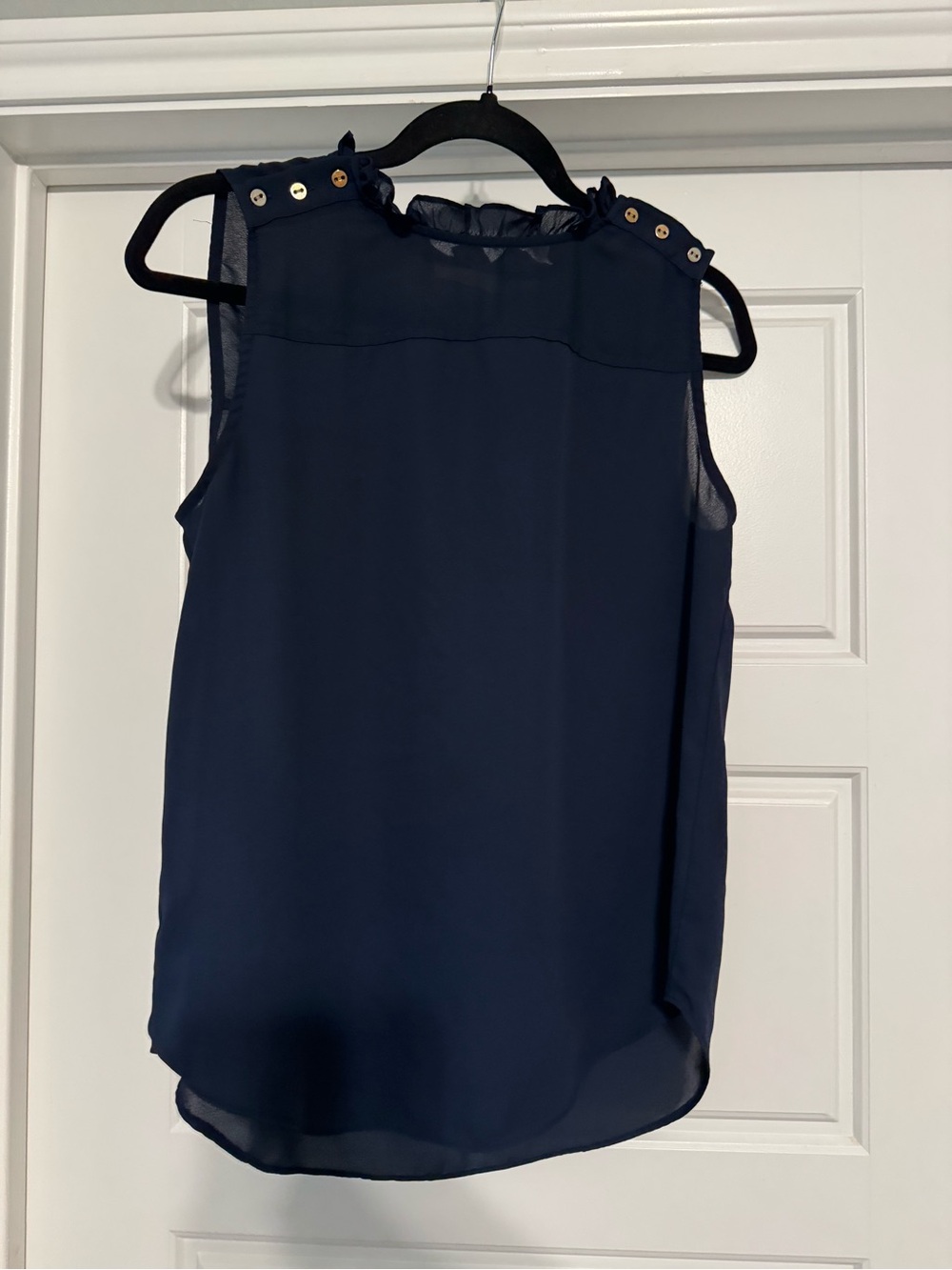LOFT Outlet Navy Sleeveless Ruffle-Neck Blouse with Gold Buttons